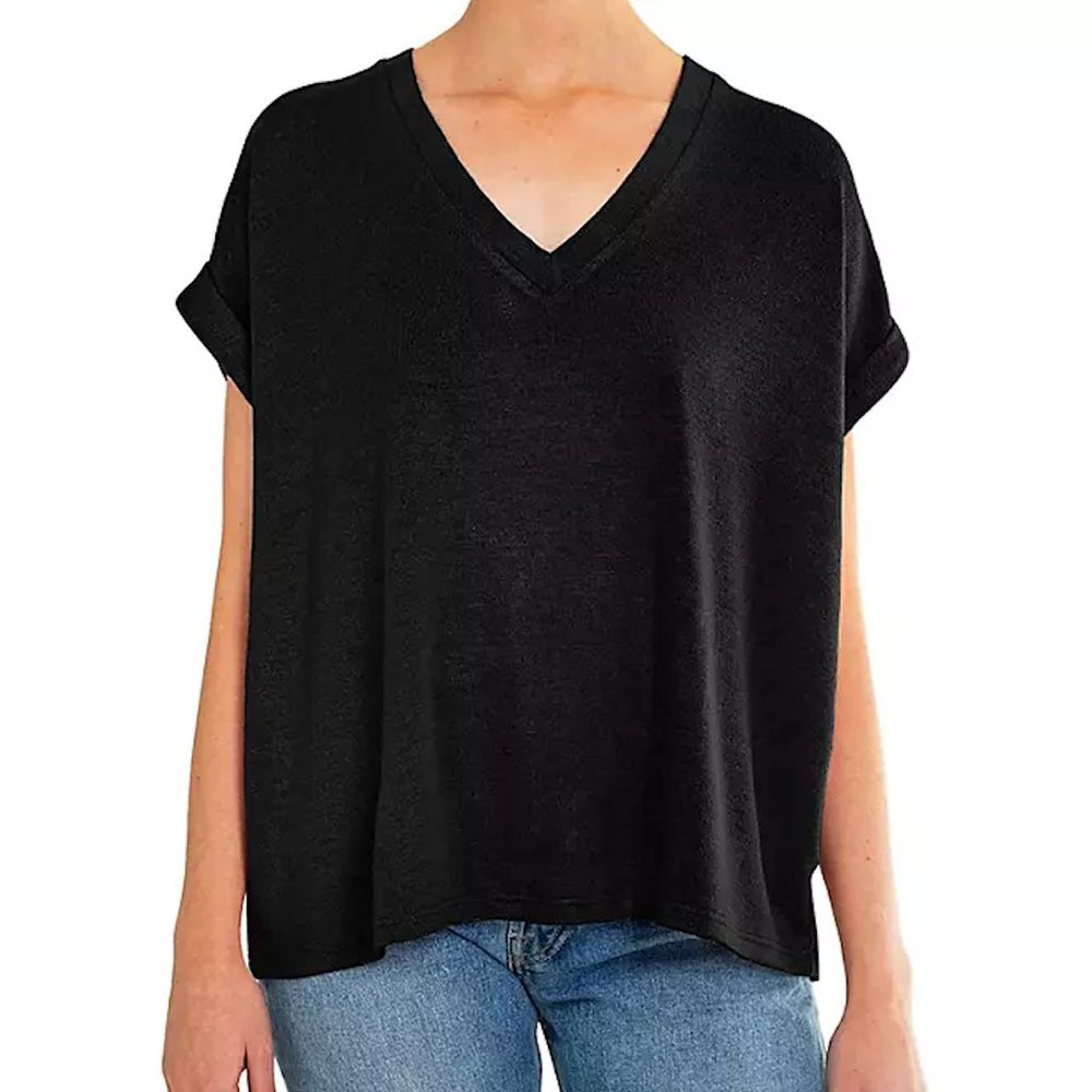 Mod Ref Women's Rolled Cuff Short Sleeve V-Neck Top Lightweight Knit Black